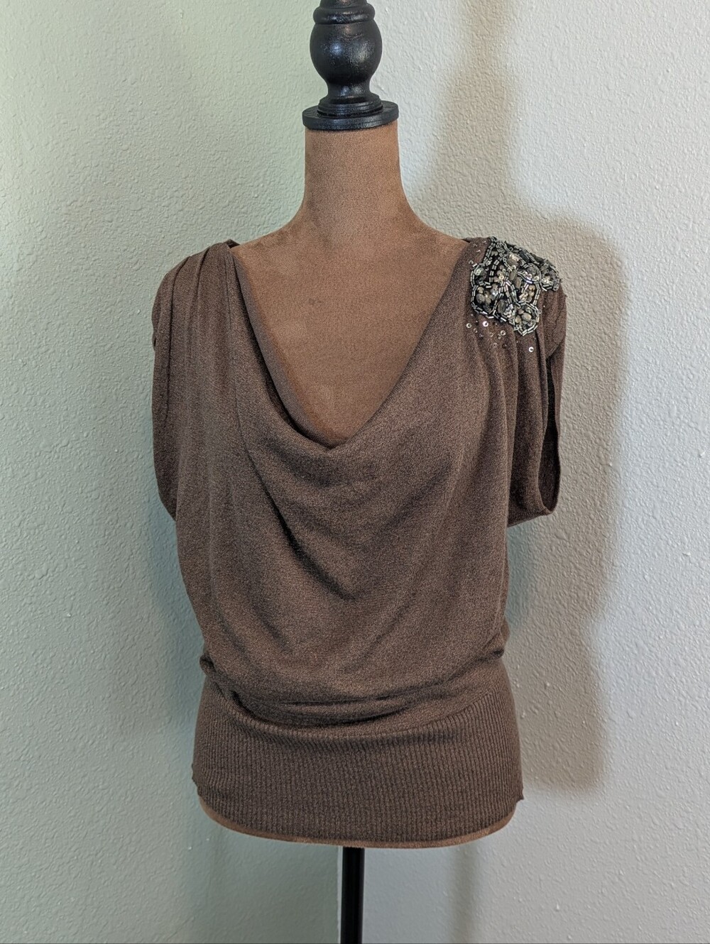 Cache Brown Drape Neck Top with Shoulder Embellishment